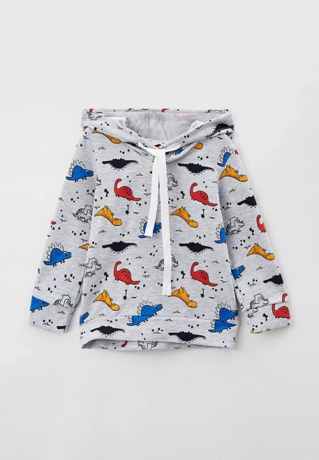 Худи на мальчика в цвете серый меланж с принтом цветные динозаврики