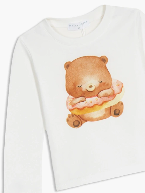 Лонгслив из хлопка с принтом медвежонок в пончике