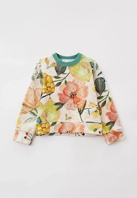 Свитшот из футера с принтом крупные цветы и контрастным воротником 