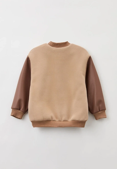 Бомбер на кнопках из футера с кожаными рукавами с цвете мокко