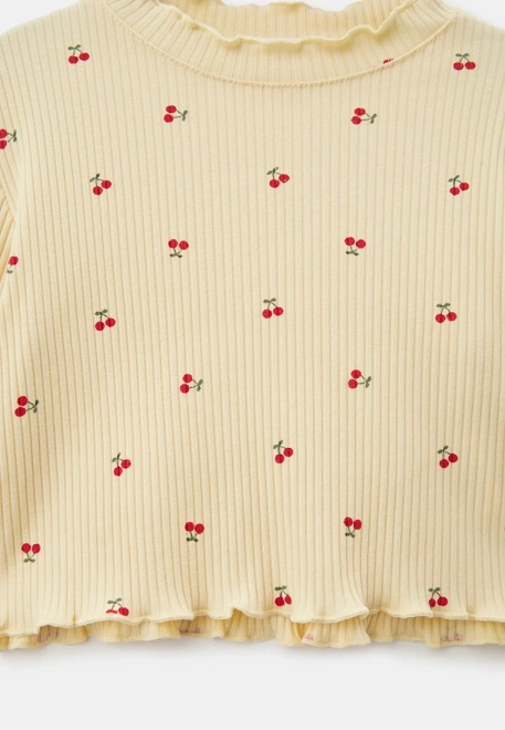 Комплект из лонгслива и брюки из ткани в рубчик с принтов вишенки 