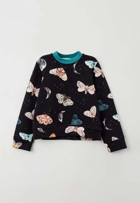 Свитшот черный с принтом бабочки и контрастным воротником зеленого цвета