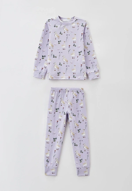 Пижама трикотажная бледно-сиреневого цвета с брюками и принтом гуси