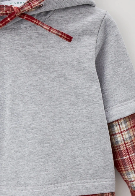 Худи  из футера в цвете серый меланж комбинированный с клеткой