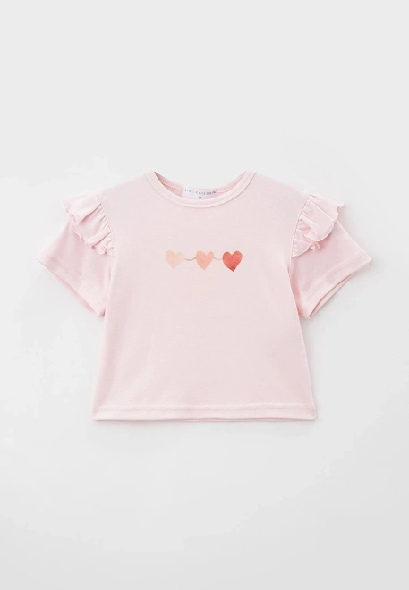 Футболка розовая с оборками на рукавах и принтом сердечки