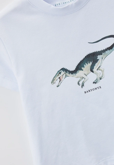 Футболка белая с принтом динозавр и надписью BARYONYX