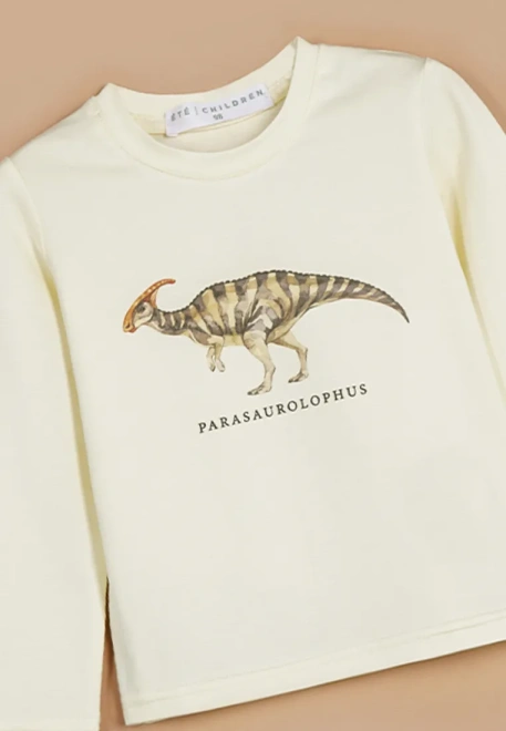 Лонгслив трикотажной ткани молочного цвета с принтом динозавр