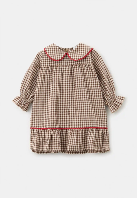 Платье Мия из хлопка коричневого цвета в белую клетку