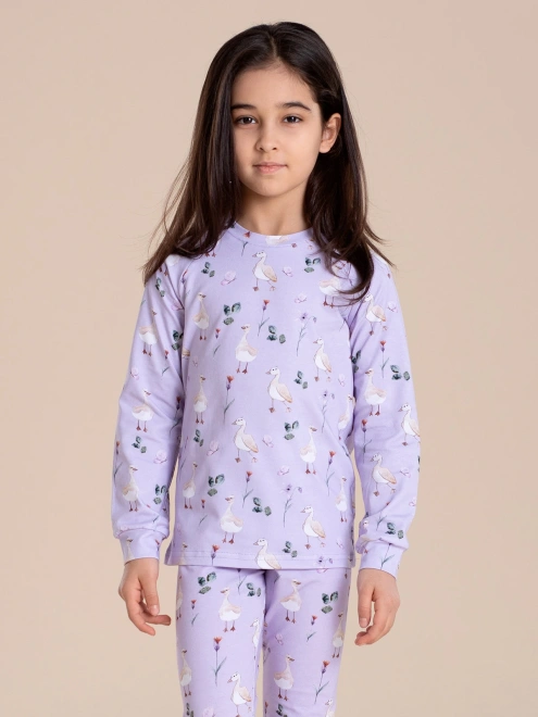 Пижама трикотажная бледно-сиреневого цвета с брюками и принтом гуси