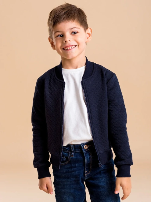 Бомбер на молнии из стеганного трикотажа темно-синего цвета