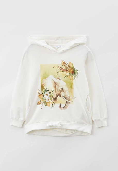 Худи из молочного футера с принтом слон