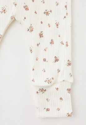 Брюки  для малышей с манжетами  из хлопкового трикотажа в рубчик с принтом цветочек 