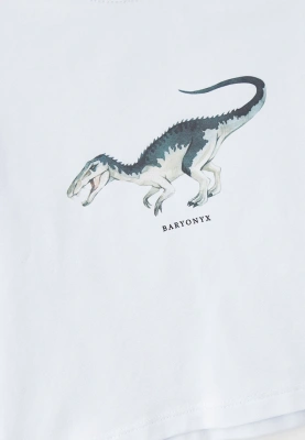 Лонгслив белый с принтом динозавр и надписью BARYONYX