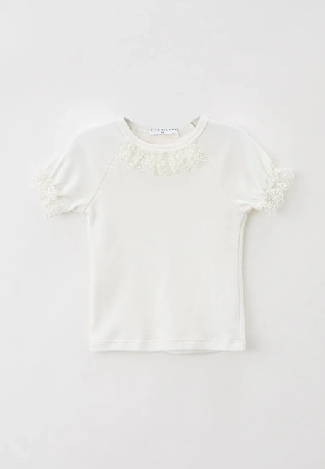 Футболка школьная из хлопка в кружевом на горловине и рукавах