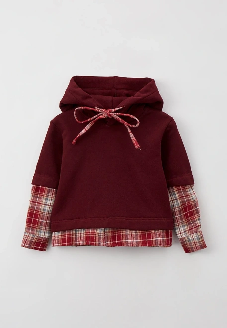 Худи из футера бордовый комбинированный с клеткой 