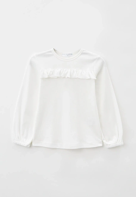 Лонгслив из хлопкового трикотажа молочного цвета с рюшкой на полочке