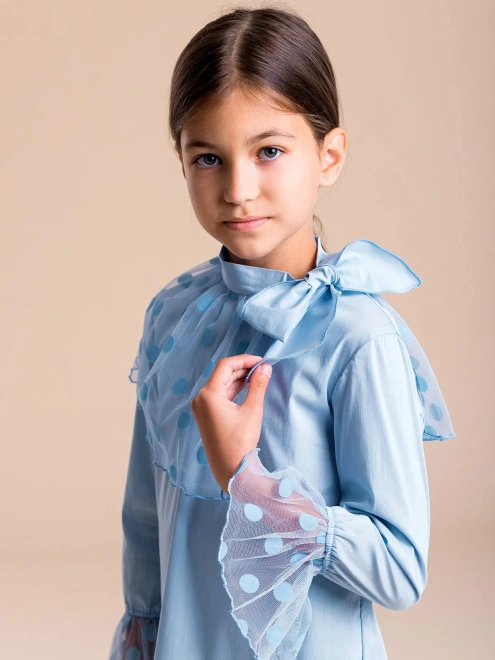 Блузка из рубашечной ткани со съемным воротником из сетки в горох